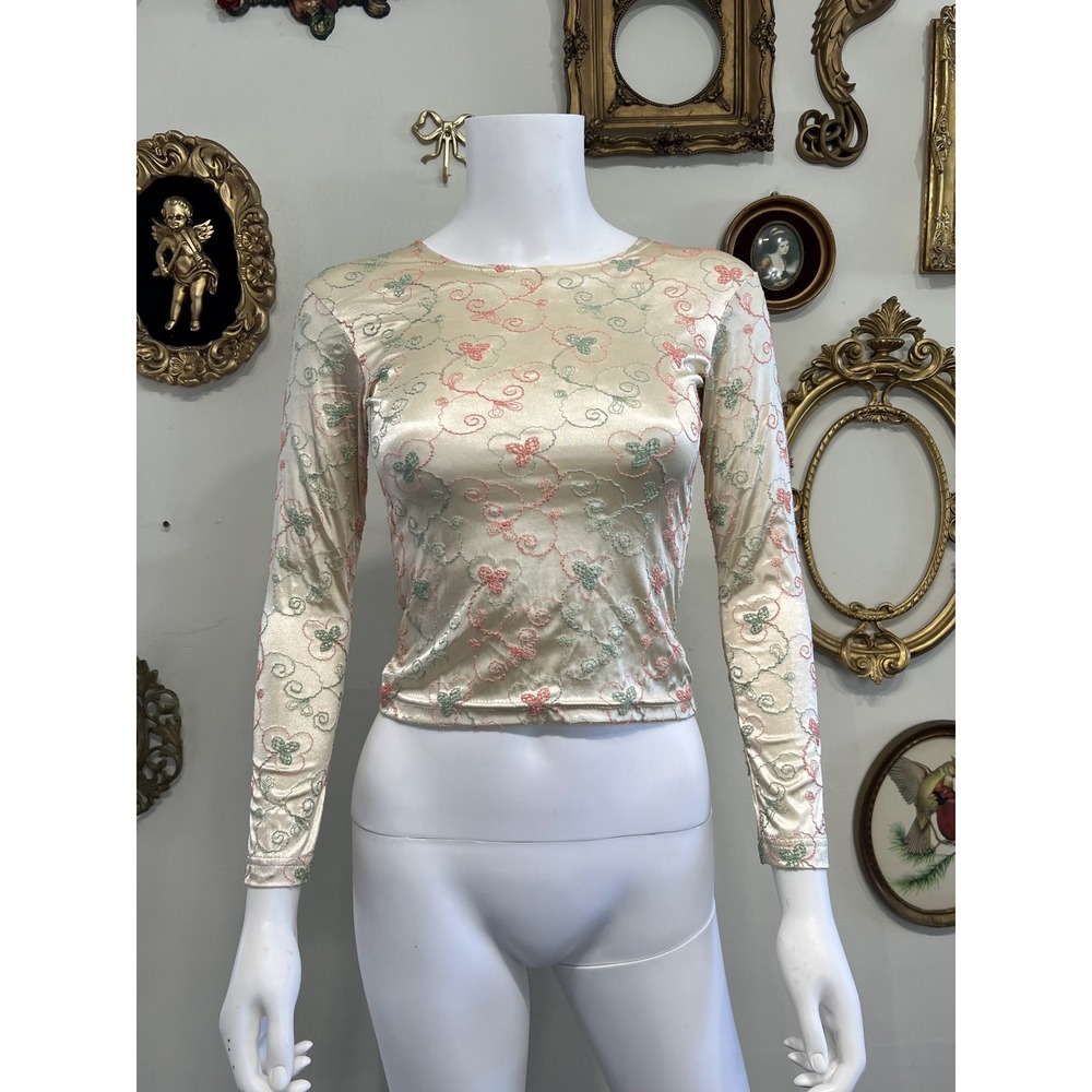 Vintage Cheryl Creations Cream Pink Floral Embroidered Long Sleeve Top Size S